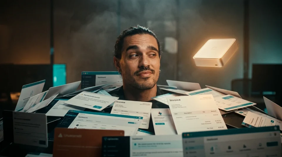 Ilustração de Murilo entre telas e cobranças de software.